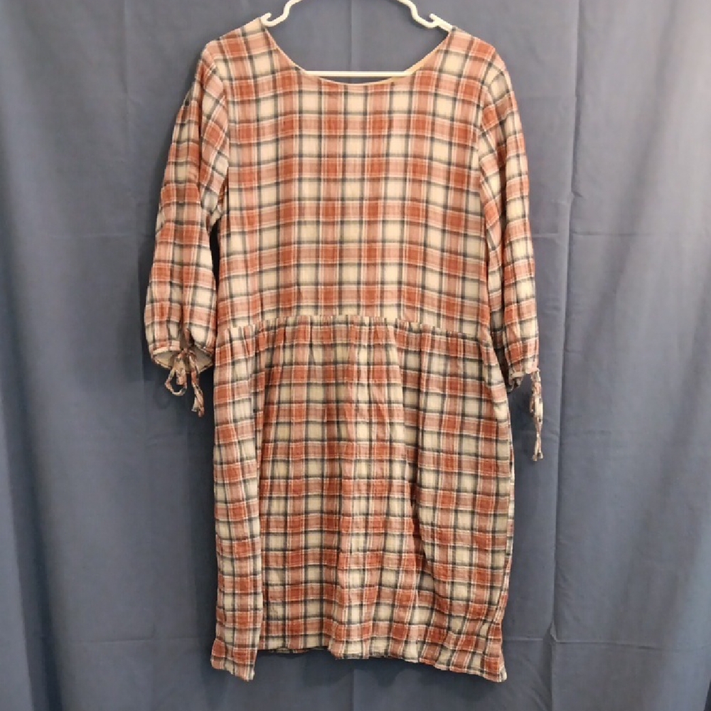 Plaid Midi Dress with Tie Sleeves
